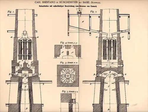 Original Patentschrift - Carl Brentano in Münchenstein b. Basel , 1893 , Schachtofen zum Brennen von Cement  !!!