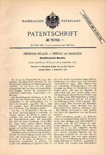 Original Patentschrift - Heinrich Müller in Ebenau b. Saalfeld , 1893, Kartoffel - Maschine , Landwirtschaft , Metallbau