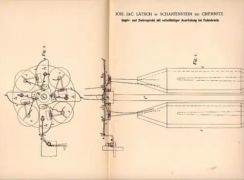 Original Patentschrift -J. Lätsch in Scharfenstein b. Chemnitz , 1894 , Zwirnspindel für Spinnerei , Spinnrad !!!
