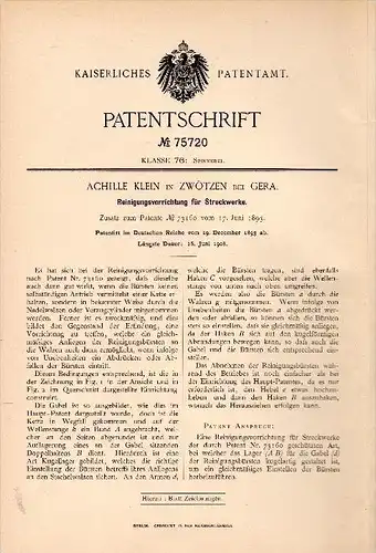 Original Patentschrift - Achille Klein in Zwötzen b. Gera , 1893 , Reinigungsapparat für Spinnerei , Spinnrad !!!