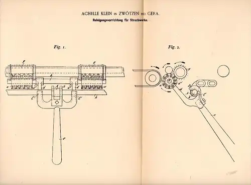 Original Patentschrift - Achille Klein in Zwötzen b. Gera , 1893 , Reinigungsapparat für Spinnerei , Spinnrad !!!
