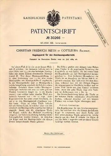 Original Patentschrift - Ch. Mieth in Gottleuba , Sachsen , 1884 , Kugelapparat für Unterricht , Schule , Physik !!!