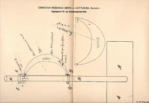 Original Patentschrift - Ch. Mieth in Gottleuba , Sachsen , 1884 , Kugelapparat für Unterricht , Schule , Physik !!!