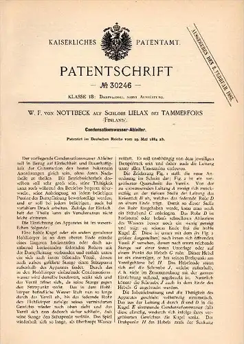 Original Patentschrift - W.F. von Nottbeck auf Schloss Lielax b. Tammerfors / Tampere , 1884 , Wasserabscheider !!!