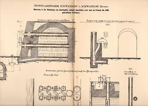 Original Patentschrift - Thonwaarenfabrik in Schwandorf , Bayern , 1884 , Heizung für Gasringöfen , Ziegelei , Thon !!!