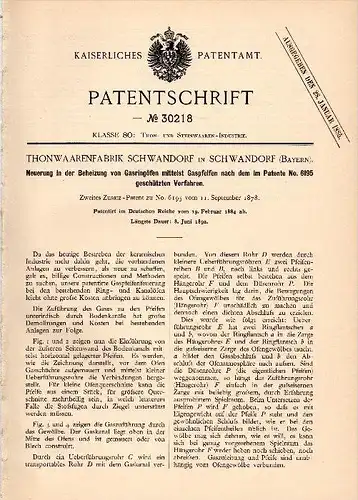 Original Patentschrift - Thonwaarenfabrik in Schwandorf , Bayern , 1884 , Heizung für Gasringöfen , Ziegelei , Thon !!!