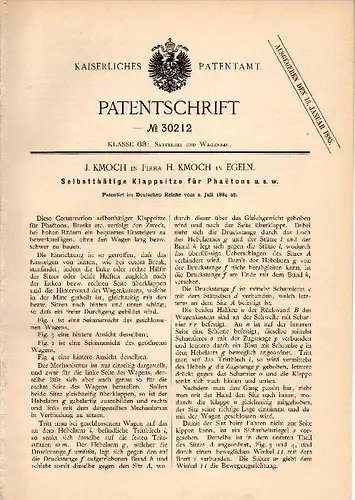 Original Patentschrift - J. Kmoch in Egeln , 1884 , Klappsitze für Phaetons , Wagenbau , Kutsche , Droschke !!!