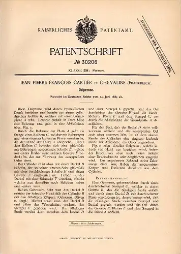 Original Patentschrift -J. P. Francois Cartier dans Chevaline , 1884 , presse à huile , Faverges !!!