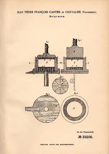 Original Patentschrift -J. P. Francois Cartier dans Chevaline , 1884 , presse à huile , Faverges !!!