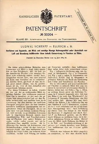 Original Patentschrift - Ludwig Scherff in Ellrich a.H., 1884 , Apparat zur Konservierung von Milch !!!