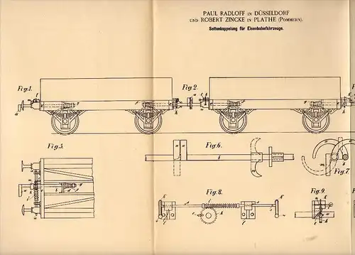 Original Patentschrift -R. Zincke in Plathe i. Pommern / P&#322;oty ,1888, Eisenbahn - Kupplung , P. Radloff in Düsseldo