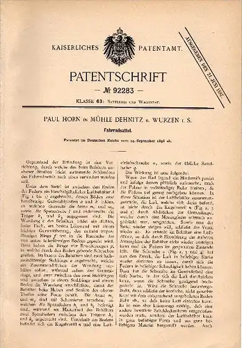 Original Patentschrift - Paul Horn in Mühle Dehnitz b. Wurzen i.S., 1896 , Sattel für Fahrrad , Fahrräder !!!