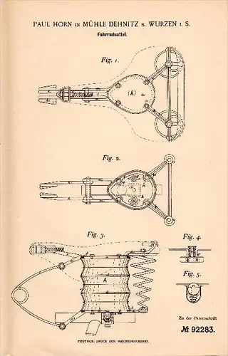 Original Patentschrift - Paul Horn in Mühle Dehnitz b. Wurzen i.S., 1896 , Sattel für Fahrrad , Fahrräder !!!