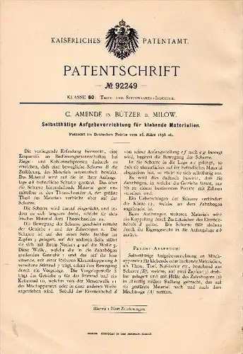 Original Patentschrift - C. Amende in Bützer b. Milow , 1896 , Apparat für klebende Materialien , Ziegelei , Thon !!!