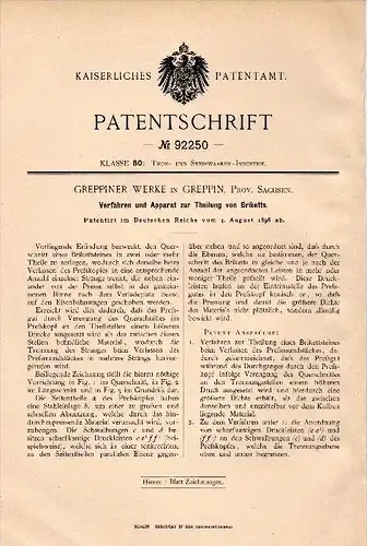 Original Patentschrift -  Greppiner Werke in Greppin / Bitterfeld - Wolfen ,1896 , Apparat für Brikett , Kohle !!!