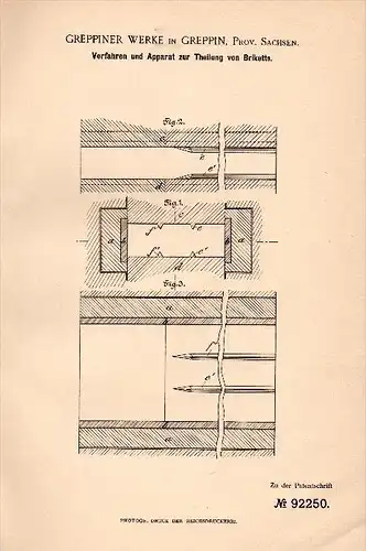 Original Patentschrift -  Greppiner Werke in Greppin / Bitterfeld - Wolfen ,1896 , Apparat für Brikett , Kohle !!!