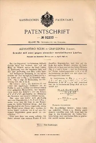 Original Patentschrift - Alessandro Scuri in Gravedona , 1896 , Pistola con due tubi regolabili !!!