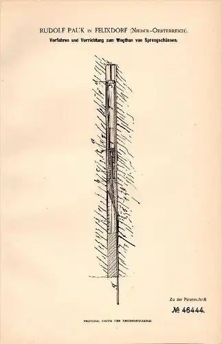 Original Patentschrift - Rudolf Pauk in Felixdorf b. Wien , 1888 , Apparat zur Sprengung , Bergbau !!!