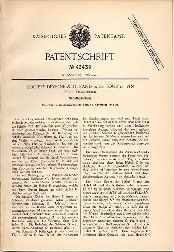 Original Patentschrift - Dévigne & Durand dans La Tour du Pin , 1887 , Machine pour le tissage !!!