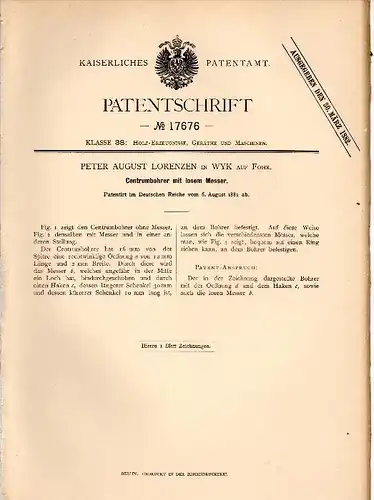 Original Patentschrift - P.A. Lorenzen in Wyk auf Föhr , 1881 , Centrumbohrer mit Messer , Holz , Tischlerei !!!