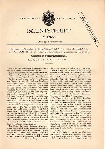 Original Patentschrift - H. Massicks and W. Crooke in Millom , 1881, Blast stoves, heating , Duddon - Villa , Cumberland