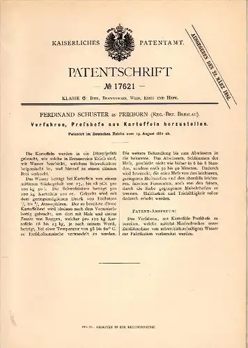 Original Patentschrift - F. Schuster in Prieborn / Przeworno , 1881 , Hefe aus Kartoffeln , Bier , Brauerei , Alkohol !!