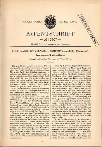 Original Patentschrift - L. Napoléon Valasse dans Fontenay sous Bois ,1881 , Serrure de pistolet, arme à feu !!!