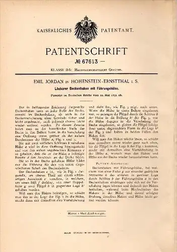 Original Patentschrift - Emil Jordan in Hohenstein - Ernstthal i.S., 1892 , lösbarer Deckenhaken , Haken , Balken !!!