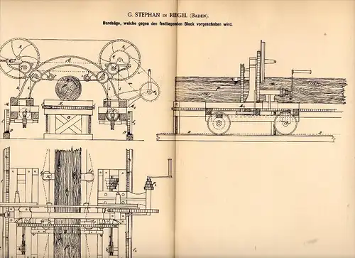 Original Patentschrift -C. Stephan in Riegel b. Emmendingen ,1888, Bandsäge , Säge , Tischlerei , Sägewerk , Holz !!!
