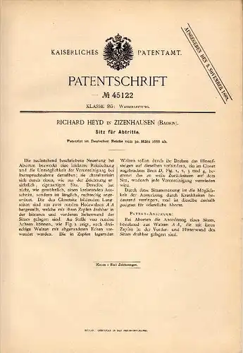 Original Patentschrift - Richard Heyd in Zizenhausen / Stockach , 1888 , Sitz für Closet , Toilette , WC !!!