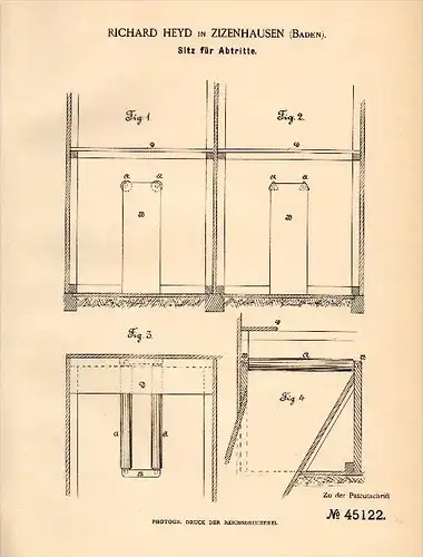 Original Patentschrift - Richard Heyd in Zizenhausen / Stockach , 1888 , Sitz für Closet , Toilette , WC !!!