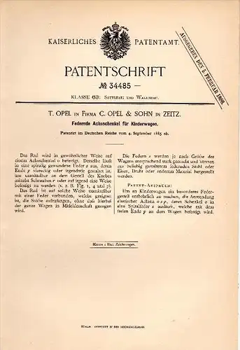 Original Patentschrift - C. Opel & Sohn in Zeitz , 1885 , federnde Achse für Kinderwagen !!!