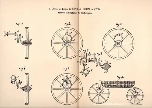 Original Patentschrift - C. Opel & Sohn in Zeitz , 1885 , federnde Achse für Kinderwagen !!!