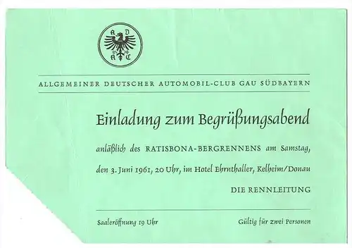 Ratisbona - Bergrennen 1961 , Einladung Kelheim / Donau , ADAC !!!