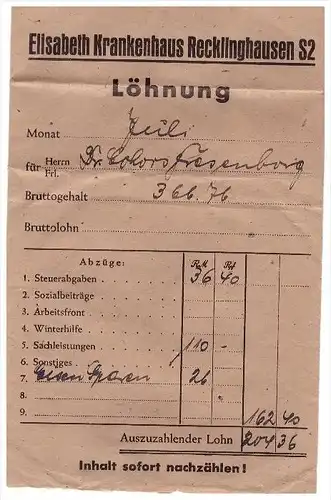 Lohntüte Elisabeth Krankenhaus Recklinghausen , 1943 , Dr. Cohors - Fresenborg , Arzt , Klinik !!!