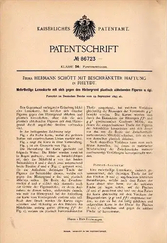 Original Patentschrift - mehrteilige Luxuskarte , plastisch , 1895, Hermann Schött in Rheydt , Postkarte , Ansichtskarte