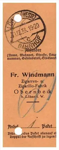 Post - Paketschein , Zigarrenfabrik Windmann in Obernbeck b. Löhne i.W., 1938 , Cigarren , Zigarillo !!!