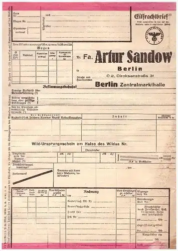 Eilfrachtbrief  , A. Sandow - Berlin , 1939 , Reichsbahn , Wild , Ursprungsschein , Jagd , Jäger , Frachtbrief !!!