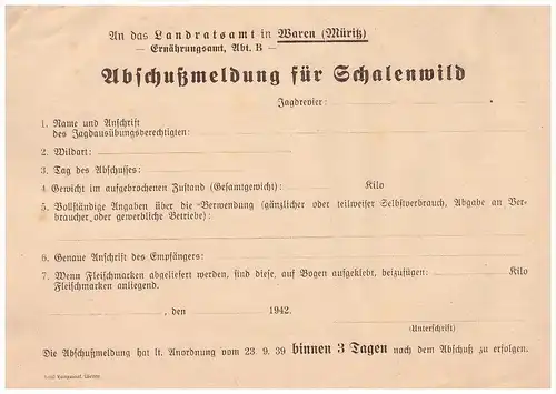 Abschußmeldung für Schalenwild , 1942 , Jäger , Landratsamt Waren / Müritz i. Mecklenburg , Jagd , Wild , Fleisch !!!