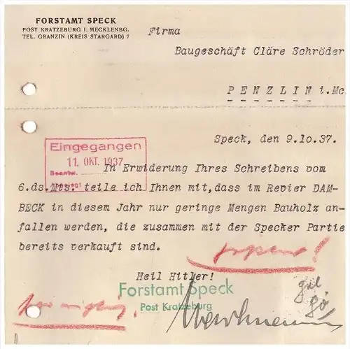 Forstamt Speck , Post Kratzeburg i. Mecklenburg , 1937 , Revier Dambeck , Bauholz , Granzin , Kr. Stargard !!!