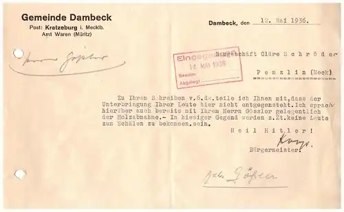 Gemeinde Dambeck , 1936 , Bürgermeister , Post Kratzeburg i. Mecklenburg , Amt Waren / Müritz !!!