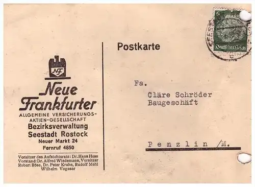 Feuer - V.S.A , Rostock / Warnemünde , 1938 , Frankfurter Versicherung , Mecklenburg !!!