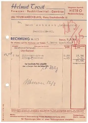 H. Trost in Neubrandenburg i. Meckl., 1949 , Gewürze , Backmittel , HETRO , Mecklenburg !!!