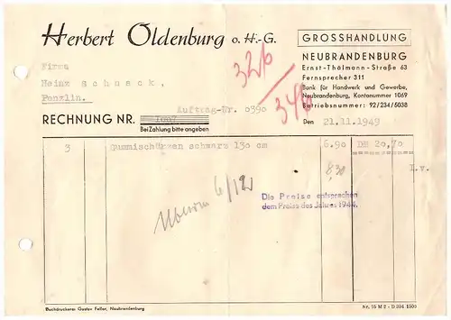 H. Oldenburg in Neubrandenburg , 1949 , Grosshandlung , Mecklenburg !!!