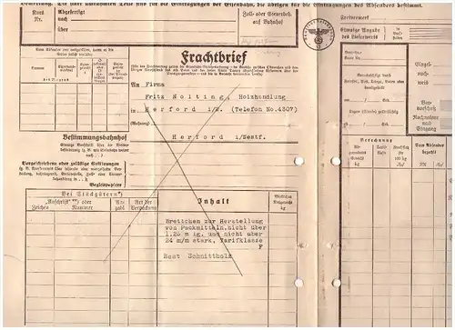 Frachtbrief , F. Nolting in Herford i. Westf., 1938 , Sägewerk , Holzhandlung , Holz , Eisenbahn , Reichsbahn !!!