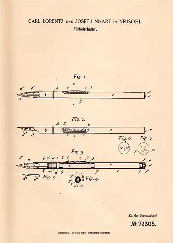 Original Patentschrift - C. Lorentz und J. Linhart in Neusohl / Banská Bystrica ,1893 , Füllfederhalter , Füller , Faber