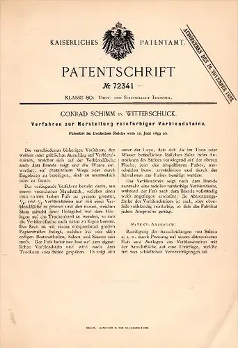 Original Patentschrift - Conrad Schimm in Witterschlick b. Alfter , 1893 , reinfarbige Verblendsteine , Ziegel , Maurer