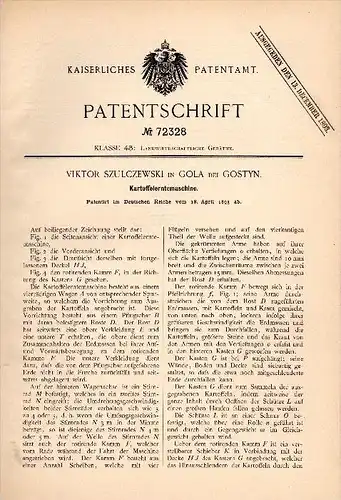 Original Patentschrift - V. Szulczewski in Gola b. Gostyn / Gostingen , 1893 , Kartoffel - Erntemaschine , Agrar !!!