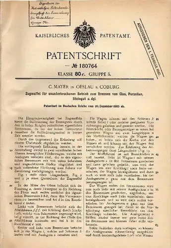 Original Patentschrift - C. Mayer in Oeslau / Rödental b. Coburg , 1905 , Zugmuffel für Porzellan und Glas !!!