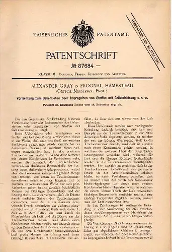 Original Patentschrift - Alexander Gray in Frognal , Hampstead , 1894 , Impregnation of fabrics with celluloid , London